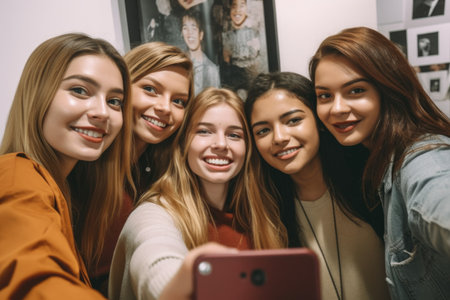 cropped shot of a group of friends taking a selfie at an art exhibitの素材