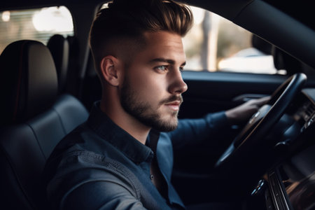 shot of a handsome young man sitting in the backseat of a carの素材
