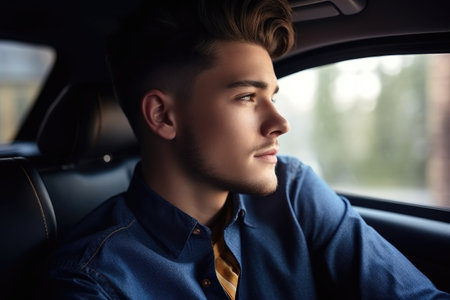 shot of a handsome young man sitting in the backseat of a carの素材
