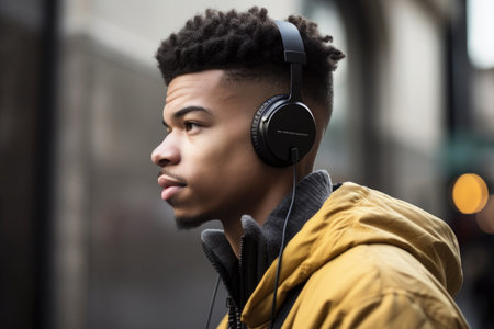 profile shot of a stylish young man listening to music on headphonesの素材
