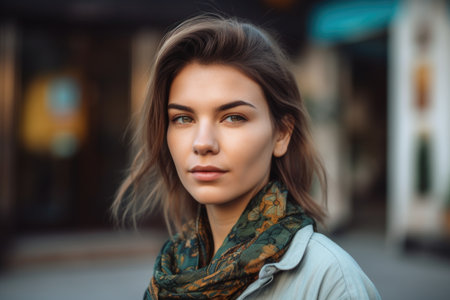 portrait of an attractive young woman in a casual outfit standing outsideの素材