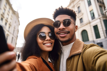 shot of an attractive young couple taking selfies while using a digital tablet in the cityの素材