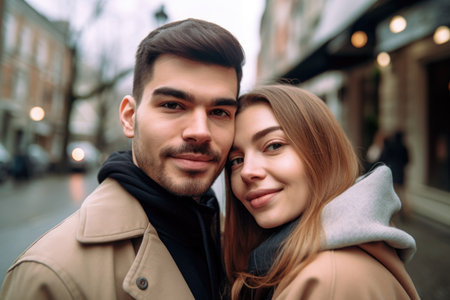 shot of a young couple taking selfies while walking through a cityの素材