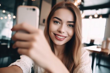 closeup shot of a pretty young woman taking selfies while sitting in a coffee shopの素材