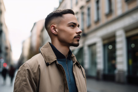 shot of a handsome young man standing in the cityの素材