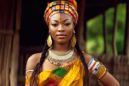 shot of a beautiful young woman in traditional gabonese clothingの素材