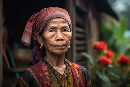 portrait of an ethnic minority woman standing in front of her homeの素材