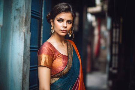shot of a beautiful young woman wearing a sari and posing outsideの素材