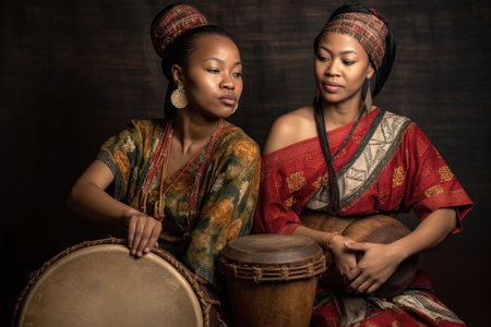 studio shot of two ethnic women holding a drum and their traditional dressの素材