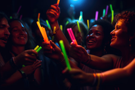 shot of a group of people holding glowsticks at a music festivalの素材