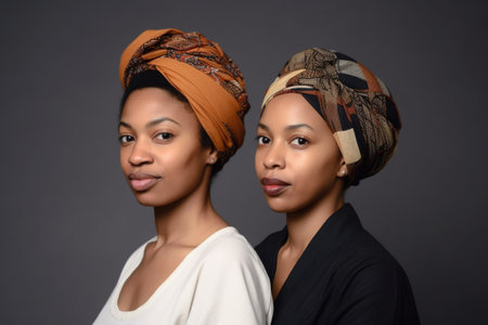 studio shot of two ethnic women standing together against a grey backgroundの素材