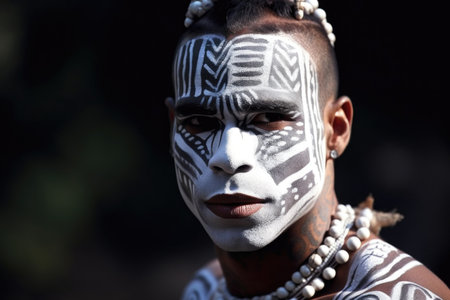 shot of a man wearing a white tribal face paint and makeupの素材