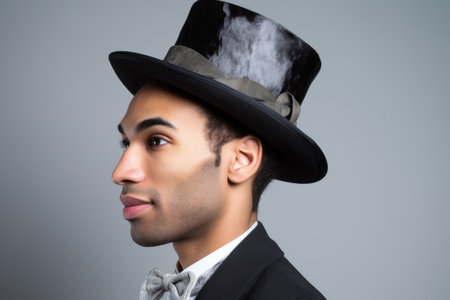 studio shot of an ethnic man with a top hat against a grey backgroundの素材