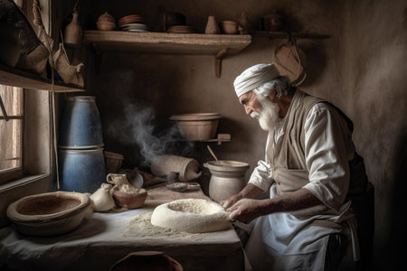 shot of a man making traditional dough in his kitchenの素材