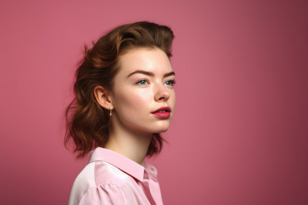 portrait of a beautiful young woman against a pink backgroundの素材