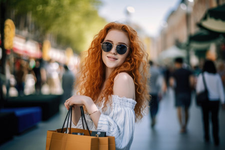 a young woman holding shopping bags and wearing sunglassesの素材