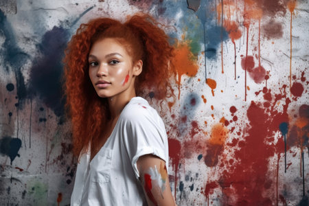 shot of a young woman posing against a wall with paint marks on itの素材