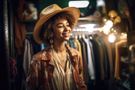 shot of a young woman enjoying shopping for clothes in an upcycled boutiqueの素材