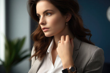 closeup shot of a woman wearing smart casual clothingの素材