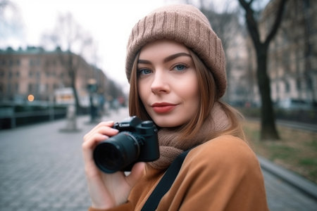 young beautiful woman taking a photo of herself on her digital cameraの素材