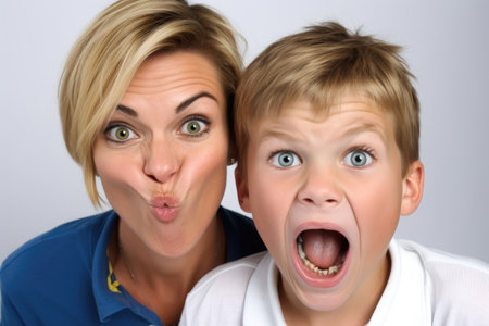 shot of a mother and son making faces at the cameraの素材