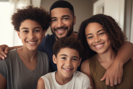 portrait of a happy mixed race family relaxing together at homeの素材