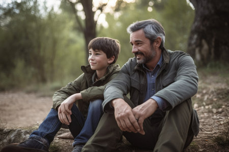 shot of a father and son sitting together outdoorsの素材