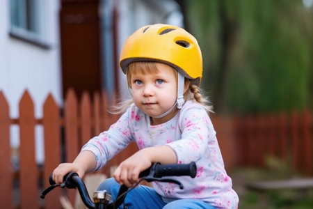 portrait of a little girl wearing a helmet and sitting on her bicycle outsideの素材