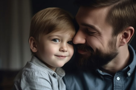 portrait of a little boy and his father bonding together at homeの素材