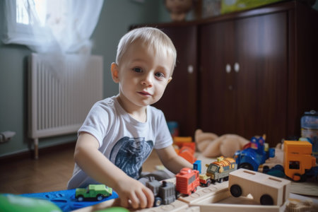 portrait of a happy little boy playing with his toys at homeの素材