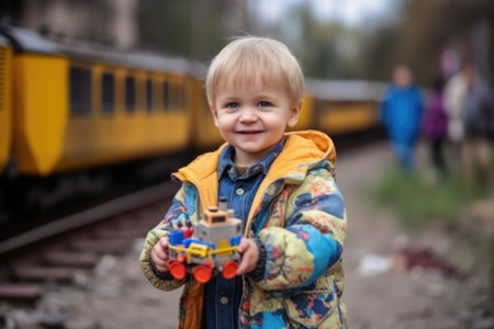 portrait of a happy little boy holding a toy train in his handsの素材