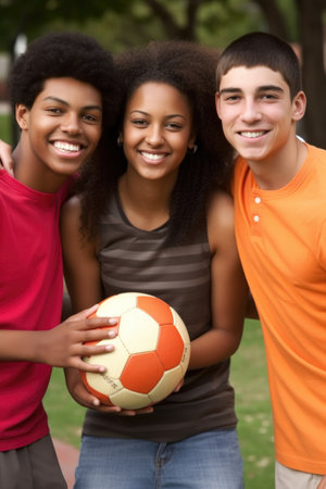 portrait of a group of friends posing with soccer ballsの素材