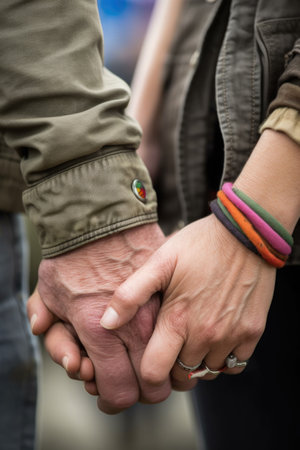 closeup portrait of two unrecognizable activists holding hands in solidarityの素材