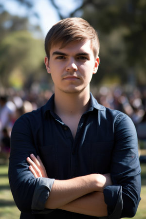 portrait of a young man with his arms crossed during an event at a parkの素材