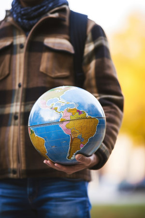 cropped shot of a man holding up a globe outsideの素材