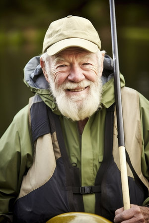 portrait of a senior man smiling with his canoeing gearの素材