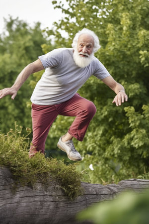 carefree senior man performing parkour in natureの素材