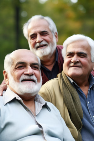 portrait of three senior men spending time outdoorsの素材