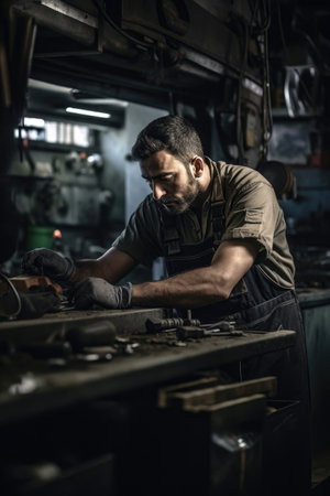shot of a mechanic working in the garage at his workshopの素材