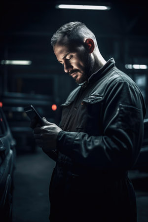 shot of a car mechanic using his phone at workの素材