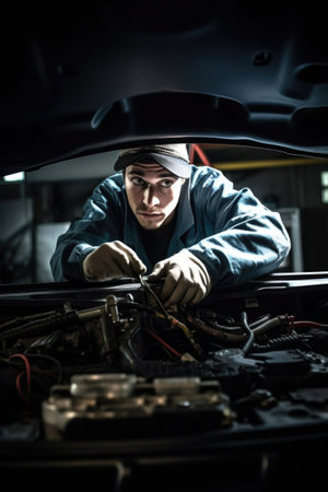 shot of a mechanic working underneath the bonnet of a carの素材