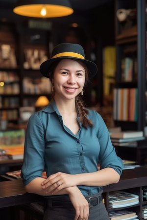 woman, travel and book store with smile for holiday, sightseeing or tourism in shopの素材