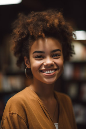 cropped portrait of a happy young woman standing in a bookstoreの素材