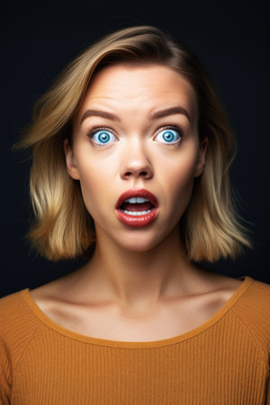 cropped shot of a young woman looking surprised while standing against a grey backgroundの素材