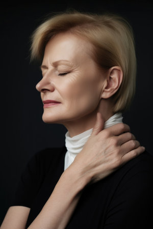 cropped shot of a woman holding her neck as if she were in painの素材