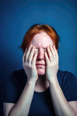 hands on face, woman with mental health issues and depression in studio isolated on a blue backgroundの素材