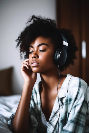 cropped shot of a young woman listening to music while sitting on her bed at homeの素材