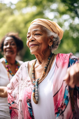 portrait of a senior woman standing on the side watching her friend dance outdoorsの素材