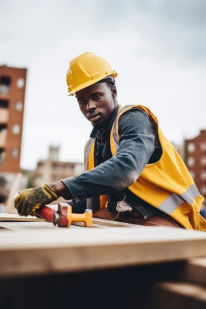 shot of a young man working with construction materials on a building siteの素材