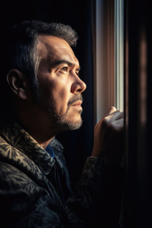 a portrait of a man looking out his windowの素材